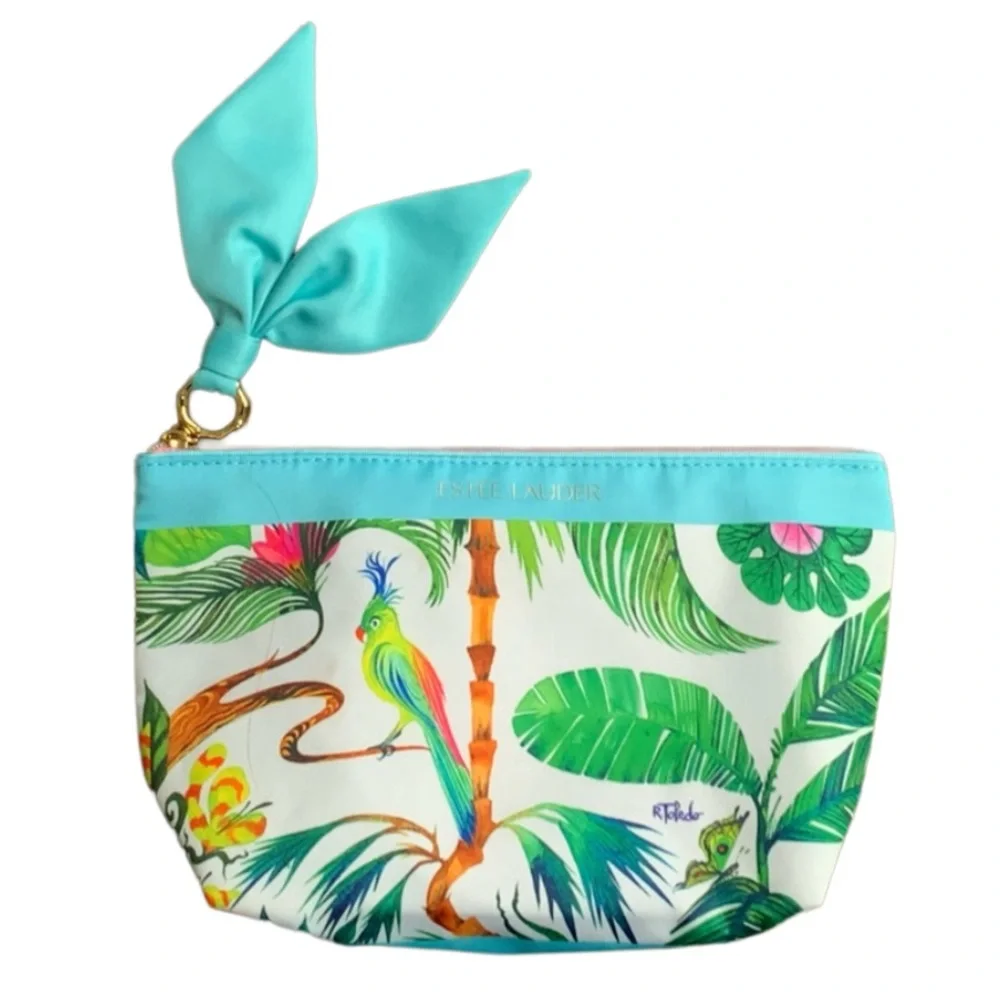 ESTEE LAUDER Women’s Turquoise Blue Tropical Print Zipper Top Cosmetic Bag